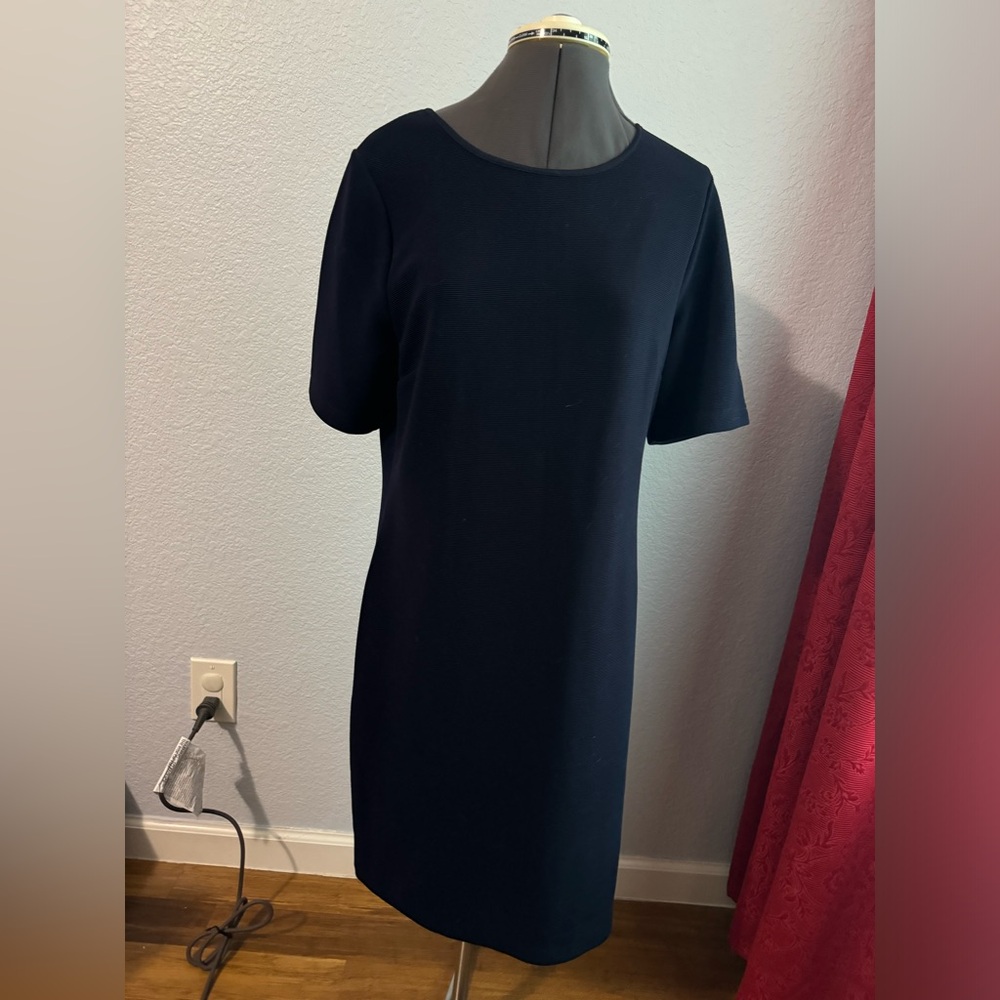 Mario Serrani Navy Sheath Midi Dress Crew Neck Short Sleeve